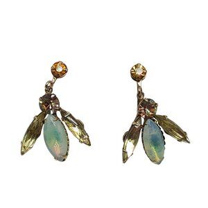 Vintage Topaz Rhinestone Opalescent Glass Clip-On Earrings Gold Tone Settings